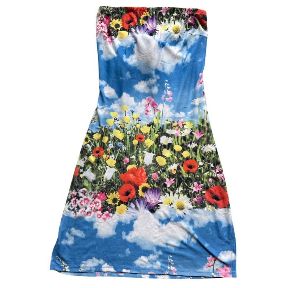 Floral Strapless Maxi Dress With Vibrant Sky & Meadow Print Elastic Waist Back B